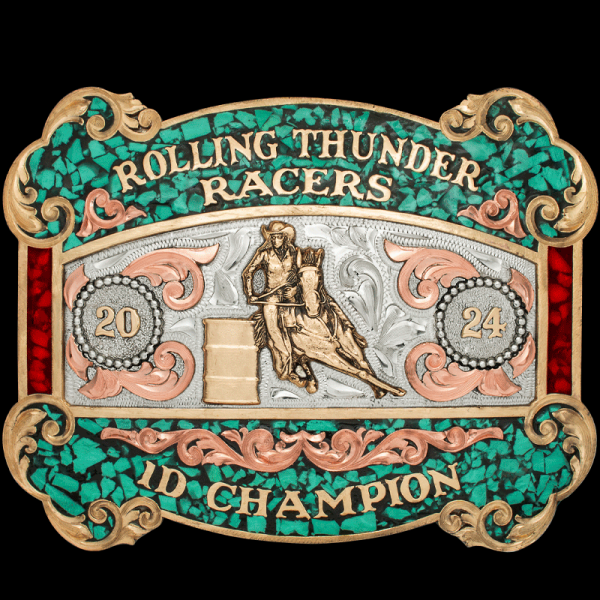 The Eureka Springs Turquoise Buckle is an exceptional custom belt buckle suited for rodeo champions! Customize it now!